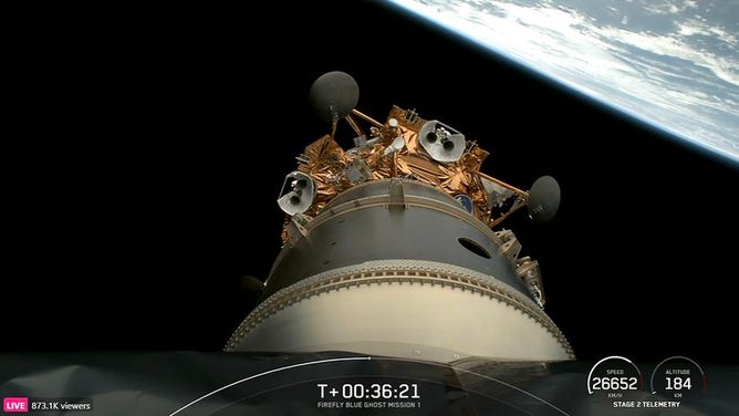 The Blue Ghost lander seen from SpaceX's Falcon 9 rocket with Earth and space in the background on Jan. 15, 2024.