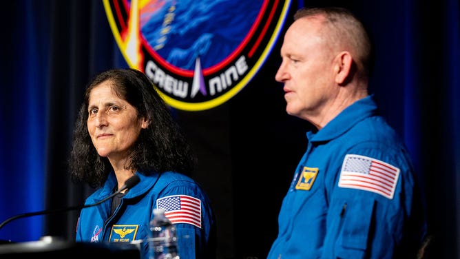 (L-R) Astronauts Sunita "Suni" Williams, and Barry "Butch" Wilmore speak during a news conference at the NASA Johnson Space Center on March 31, 2025 in Houston, Texas.