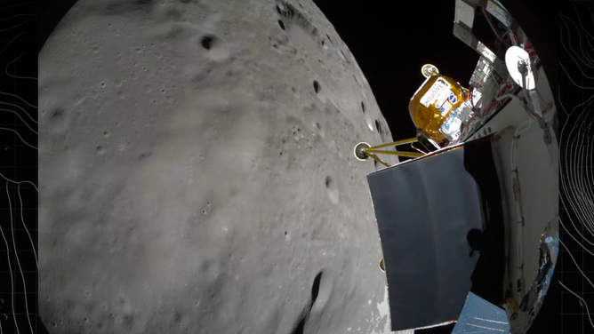 A view from the Nova-C Athena lander moments before touching down near the lunar south pole on Thursday, March 6, 2025.